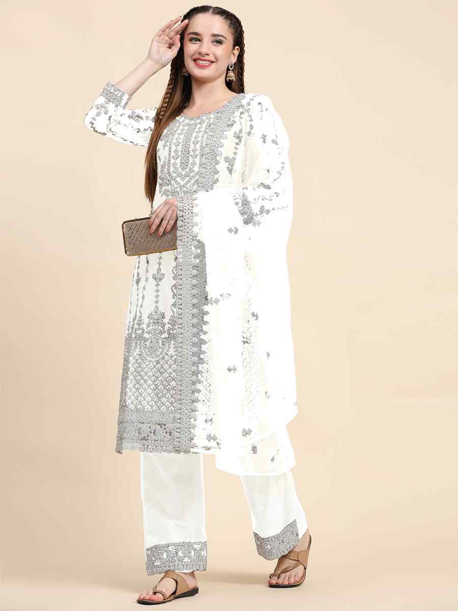 White Net Embroidered Festival Mehendi Pant Salwar Kameez