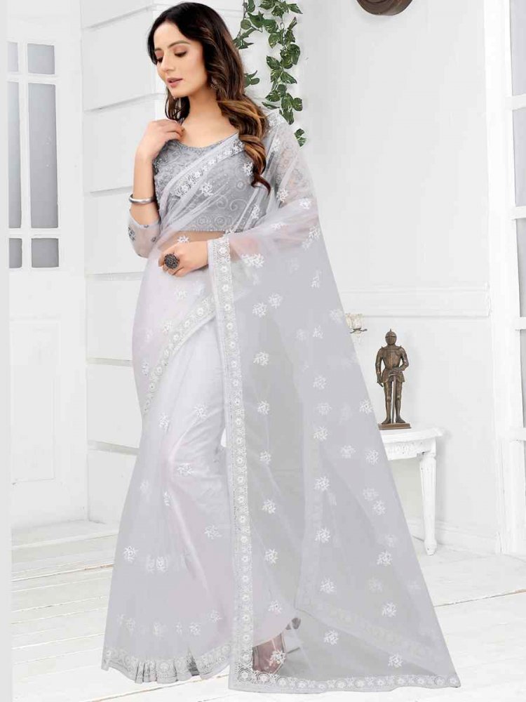 White Net Embroidered Party Festival Classic Style Saree