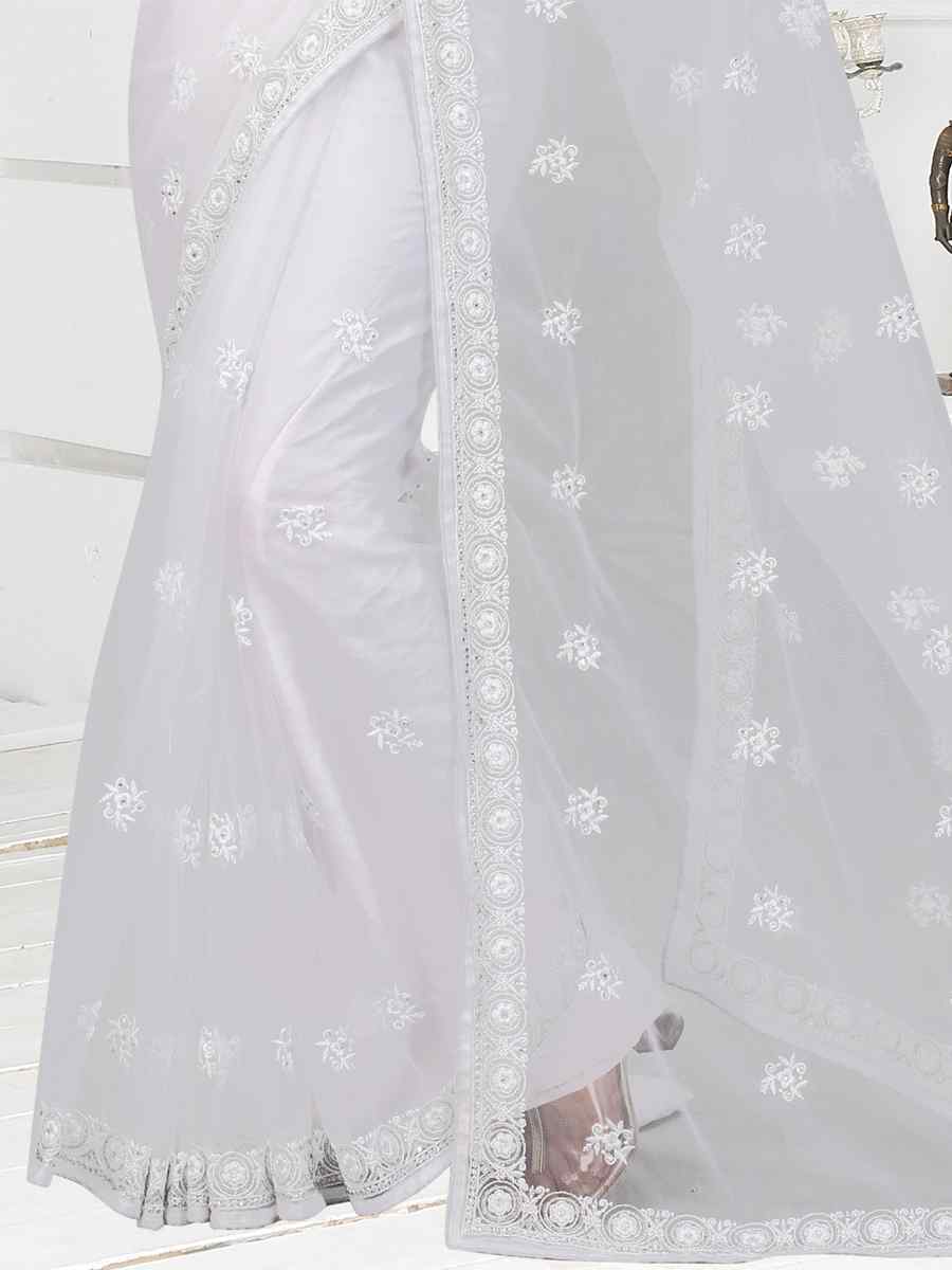 White Net Embroidered Party Festival Classic Style Saree