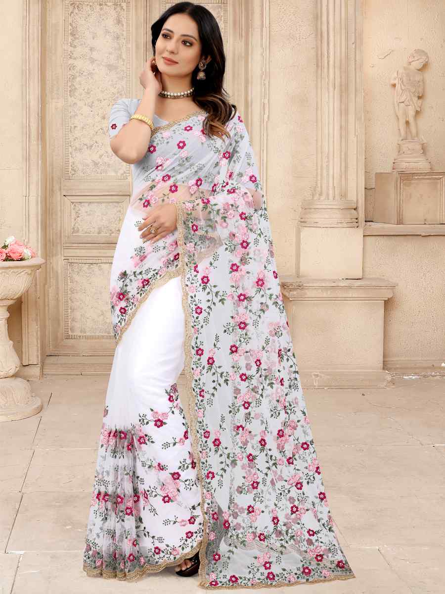 White Net Embroidered Party Festival Contemporary Saree