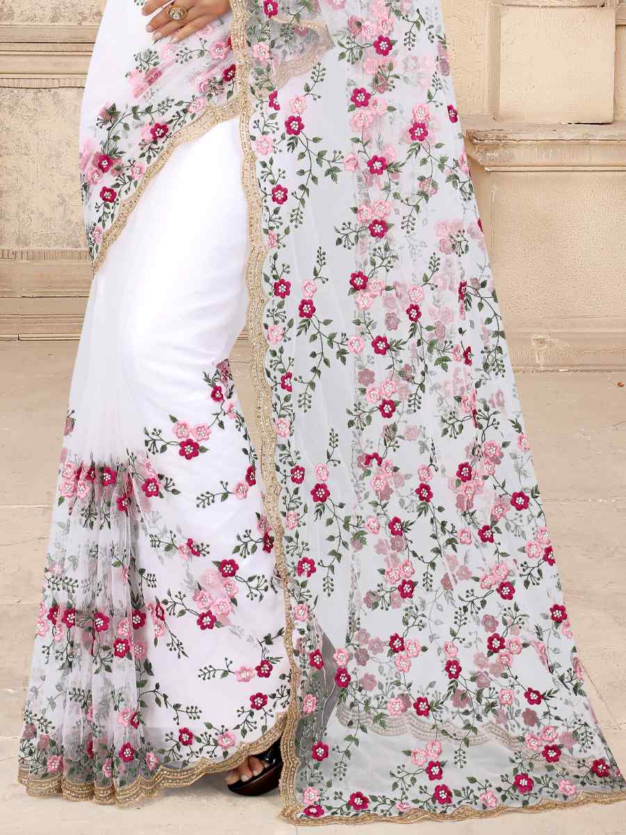 White Net Embroidered Party Festival Contemporary Saree