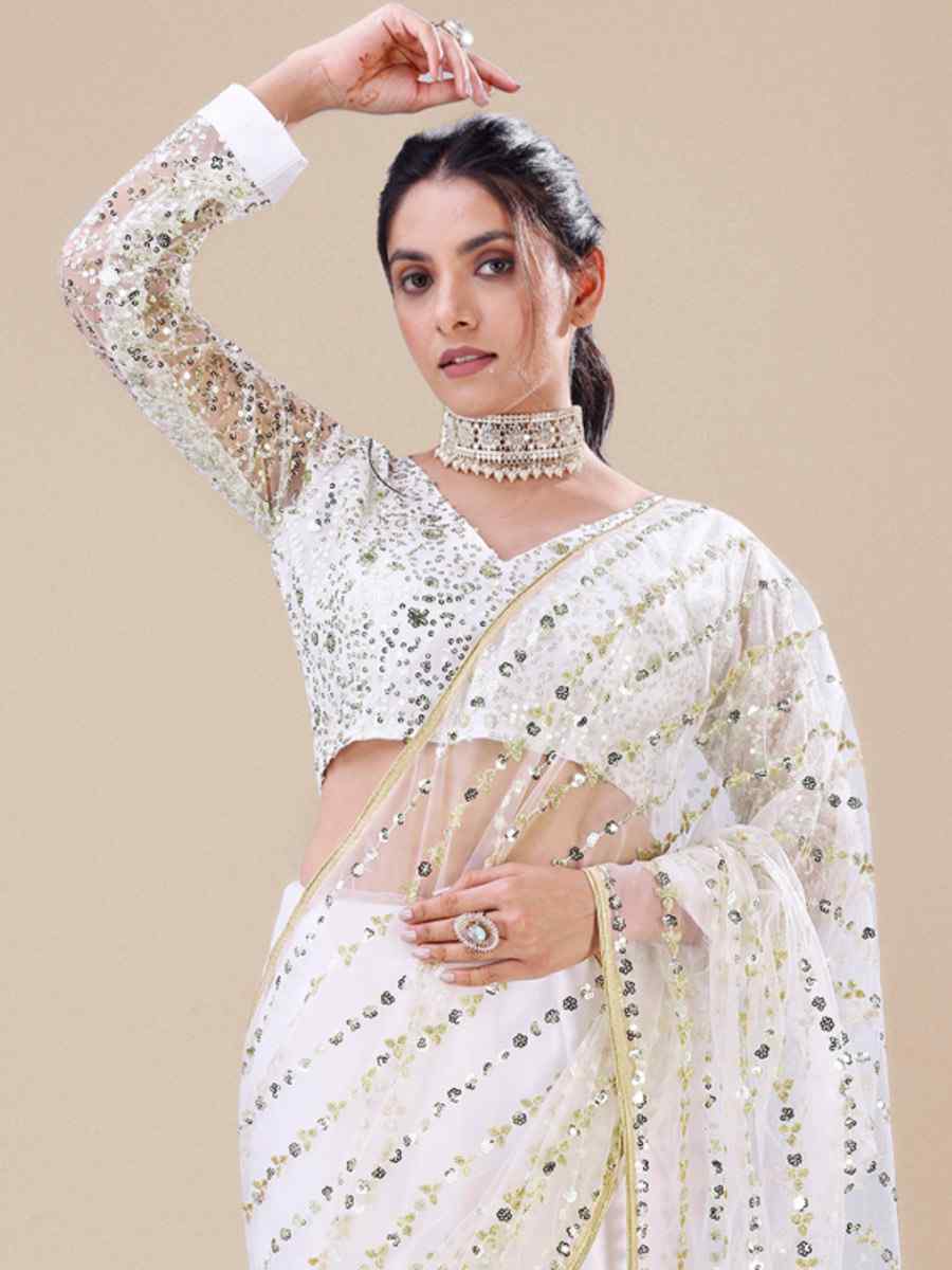 White Net Embroidered Party Festival Heavy Border Saree