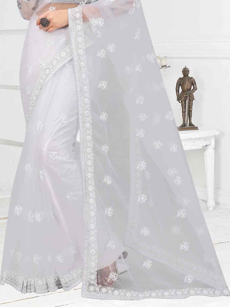 White Net Embroidered Party Reception Contemporary Saree