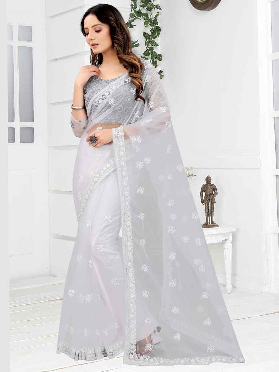 White Net Embroidered Party Reception Contemporary Saree
