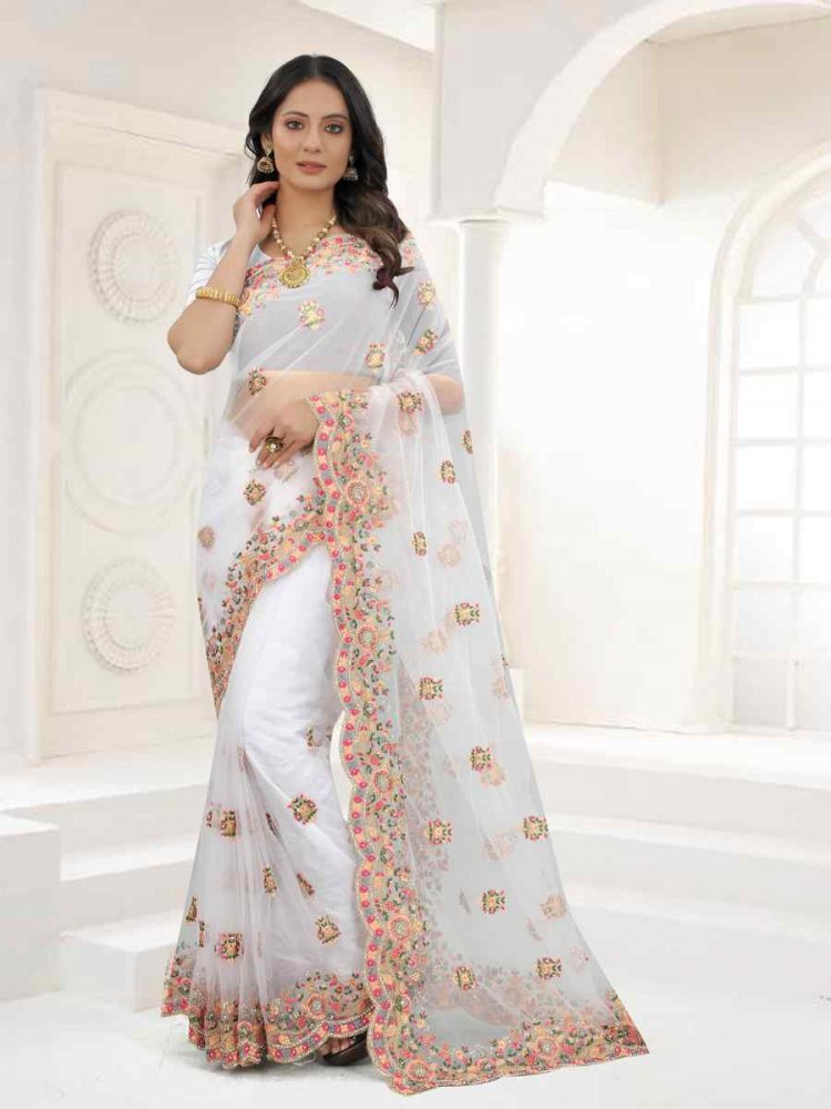 White Net Embroidered Party Wedding Heavy Border Saree