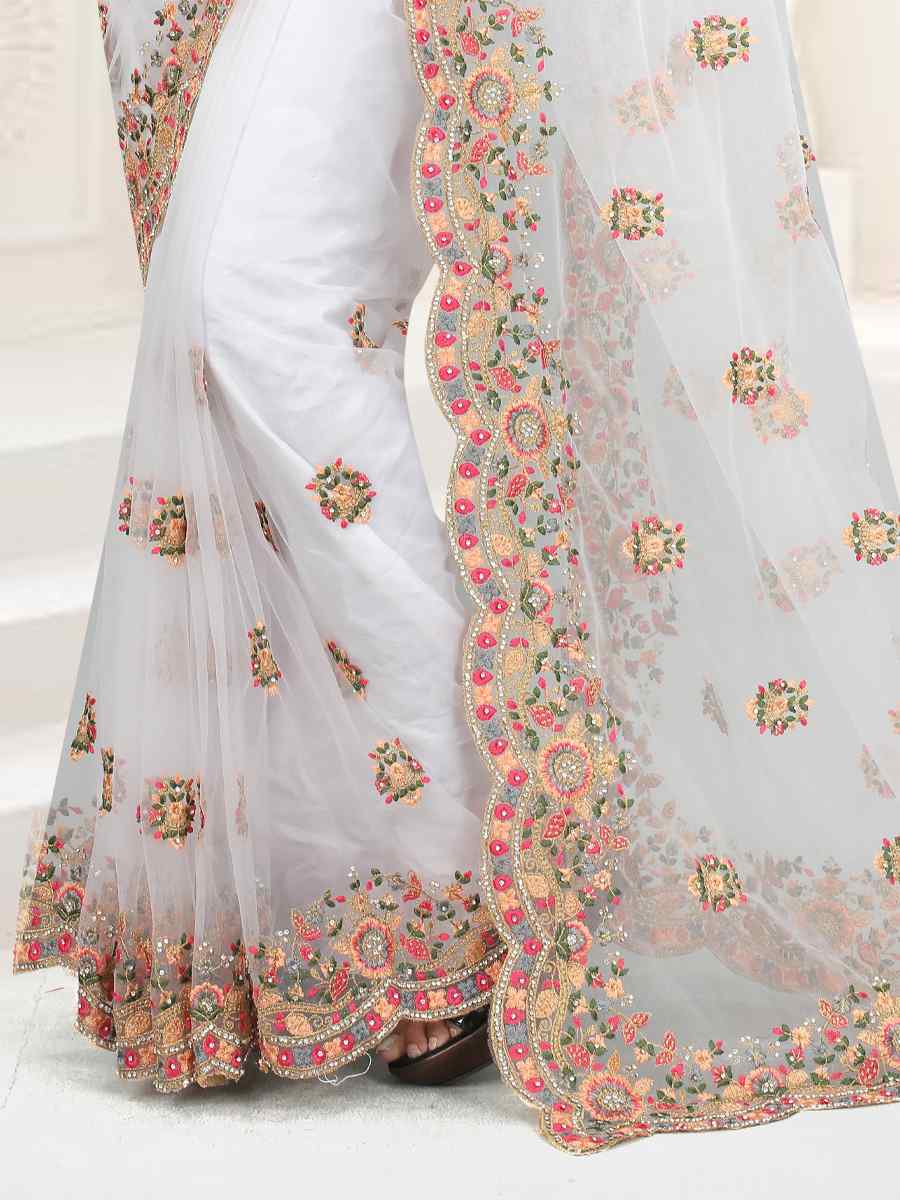 White Net Embroidered Party Wedding Heavy Border Saree