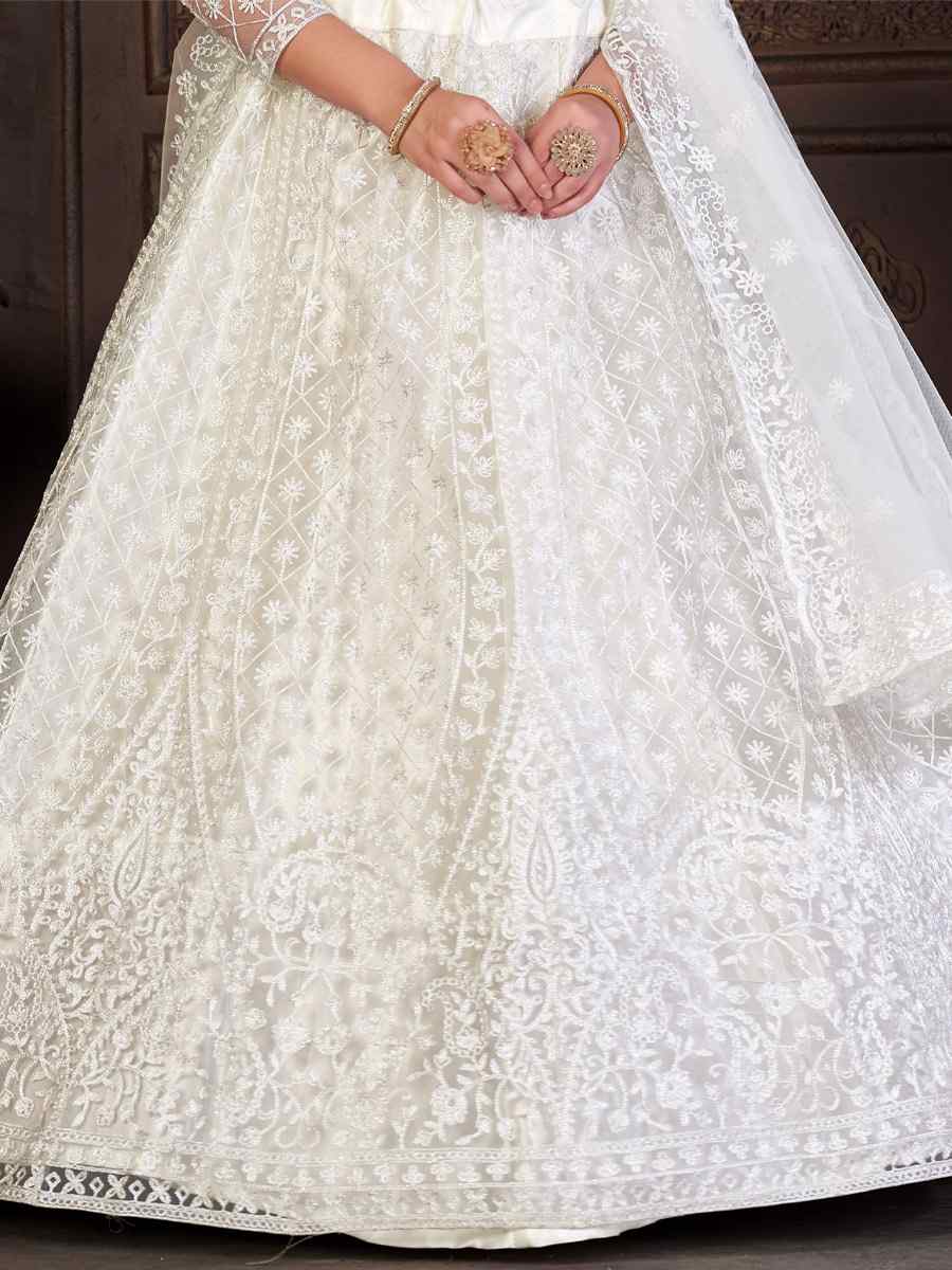 White Net Embroidered Reception Wedding Heavy Border Lehenga Choli