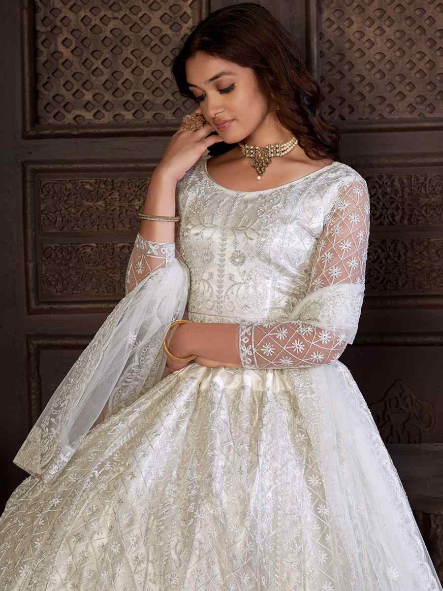 White Net Embroidered Reception Wedding Heavy Border Lehenga Choli