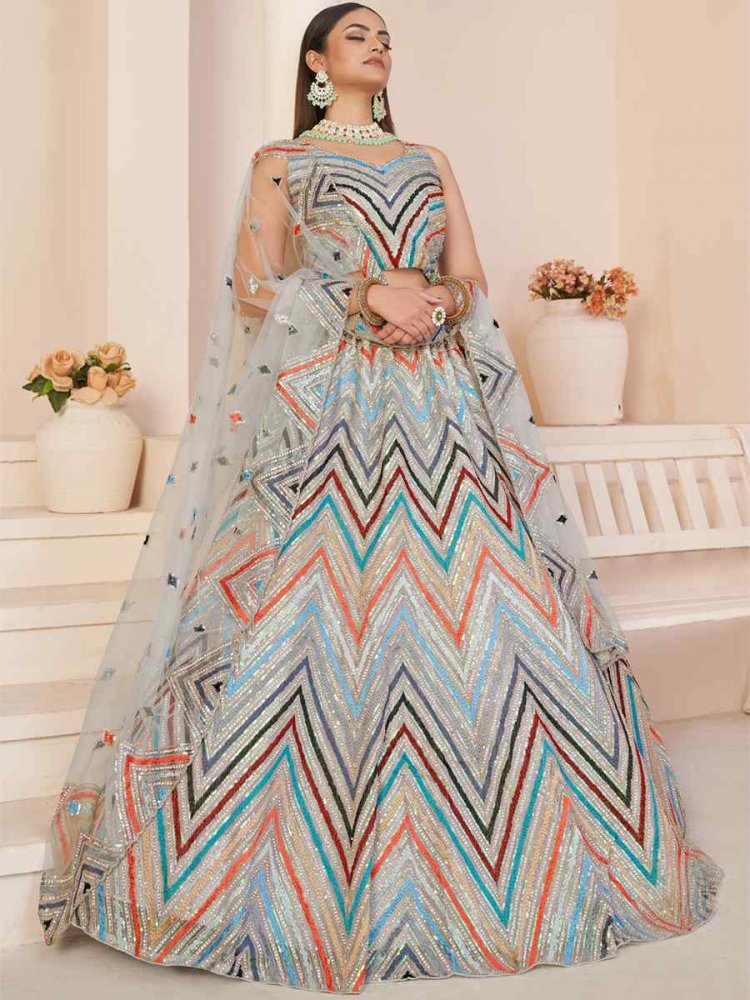 White Net Embroidered Reception Wedding Heavy Border Lehenga Choli