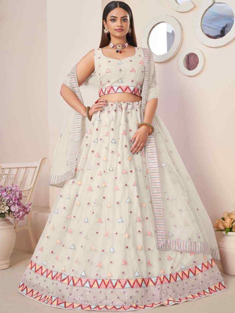 White Net Embroidered Reception Wedding Heavy Border Lehenga Choli