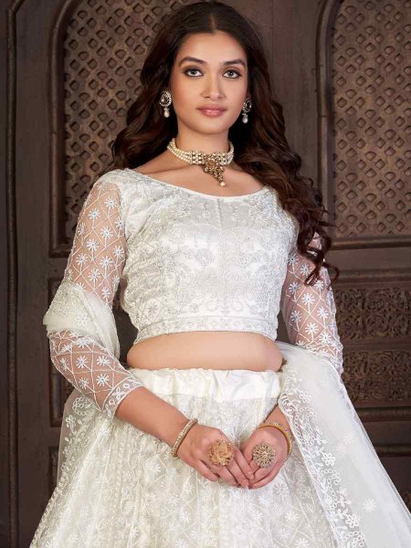 White Net Embroidered Reception Wedding Heavy Border Lehenga Choli