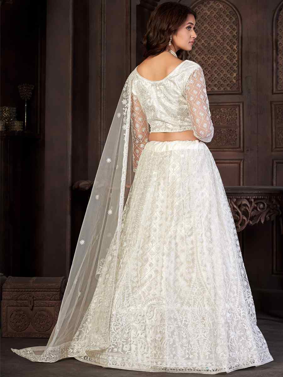 White Net Embroidered Reception Wedding Heavy Border Lehenga Choli