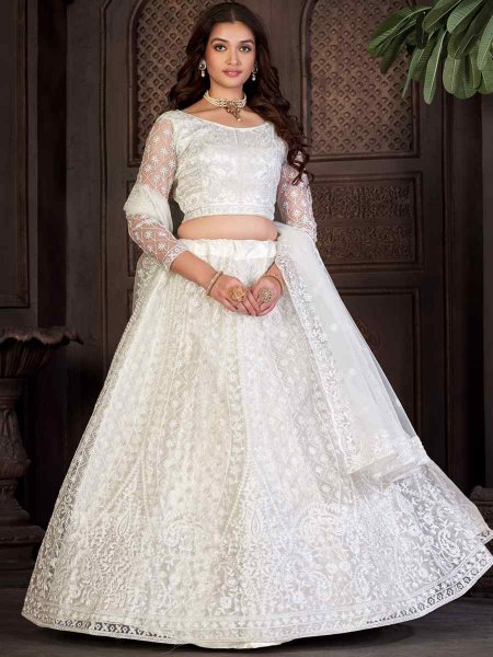 White Net Embroidered Reception Wedding Heavy Border Lehenga Choli