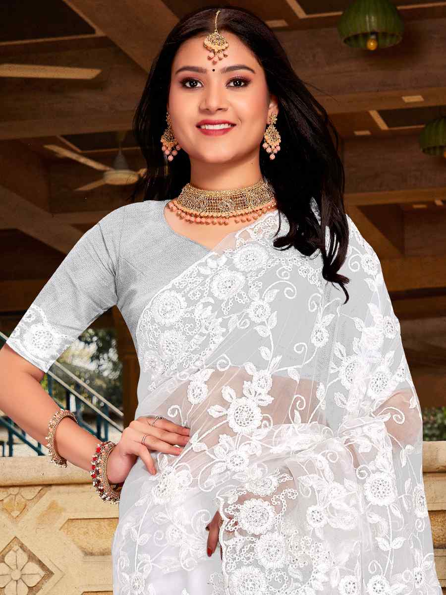 White Net Embroidered Wedding Festival Heavy Border Saree