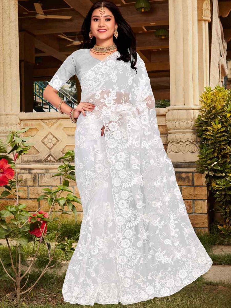 White Net Embroidered Wedding Festival Heavy Border Saree