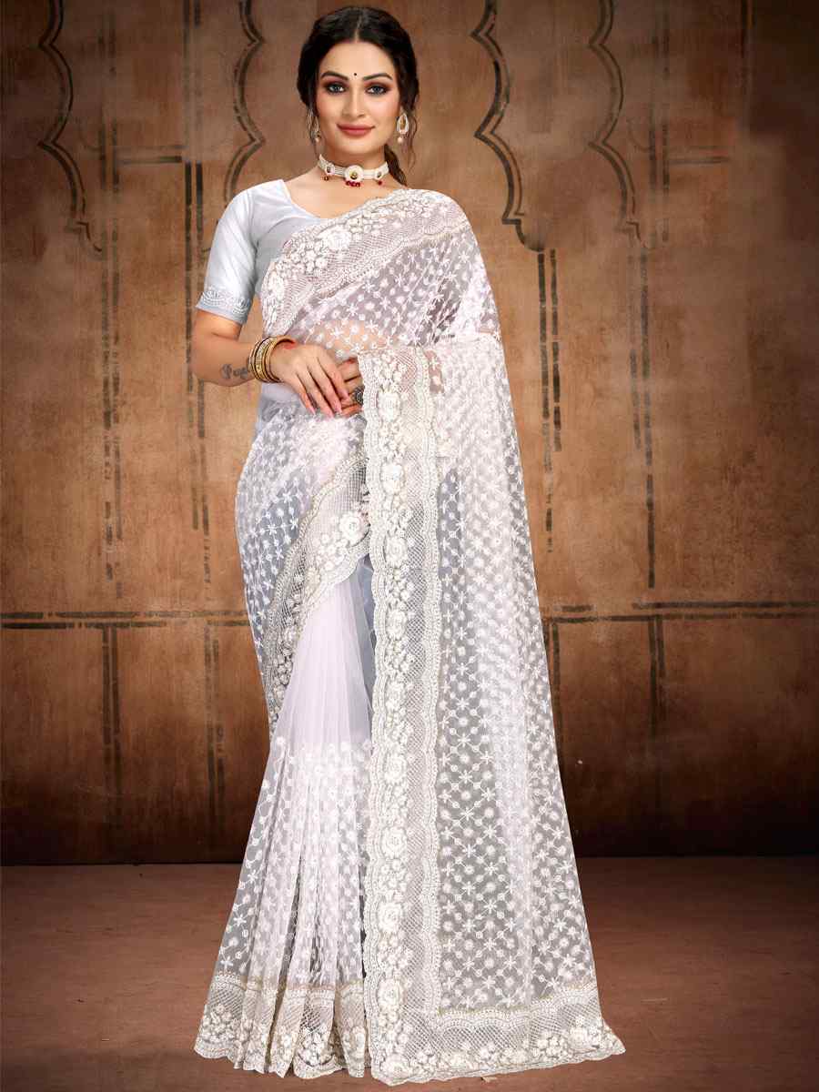 White Net Embroidered Wedding Festival Heavy Border Saree