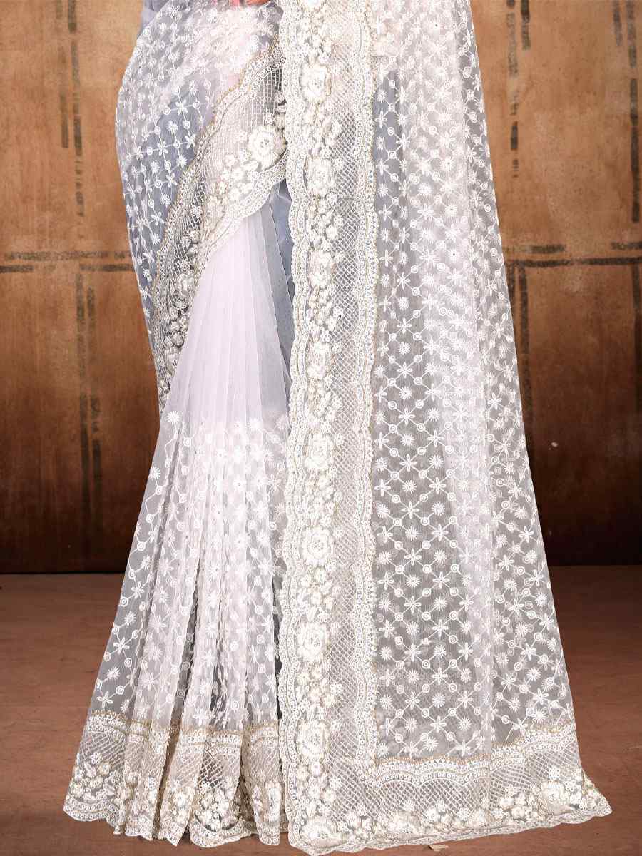 White Net Embroidered Wedding Festival Heavy Border Saree