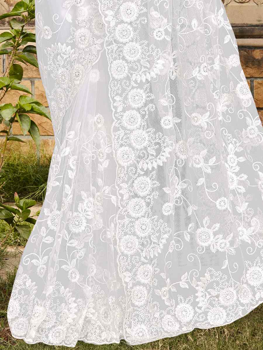 White Net Embroidered Wedding Festival Heavy Border Saree