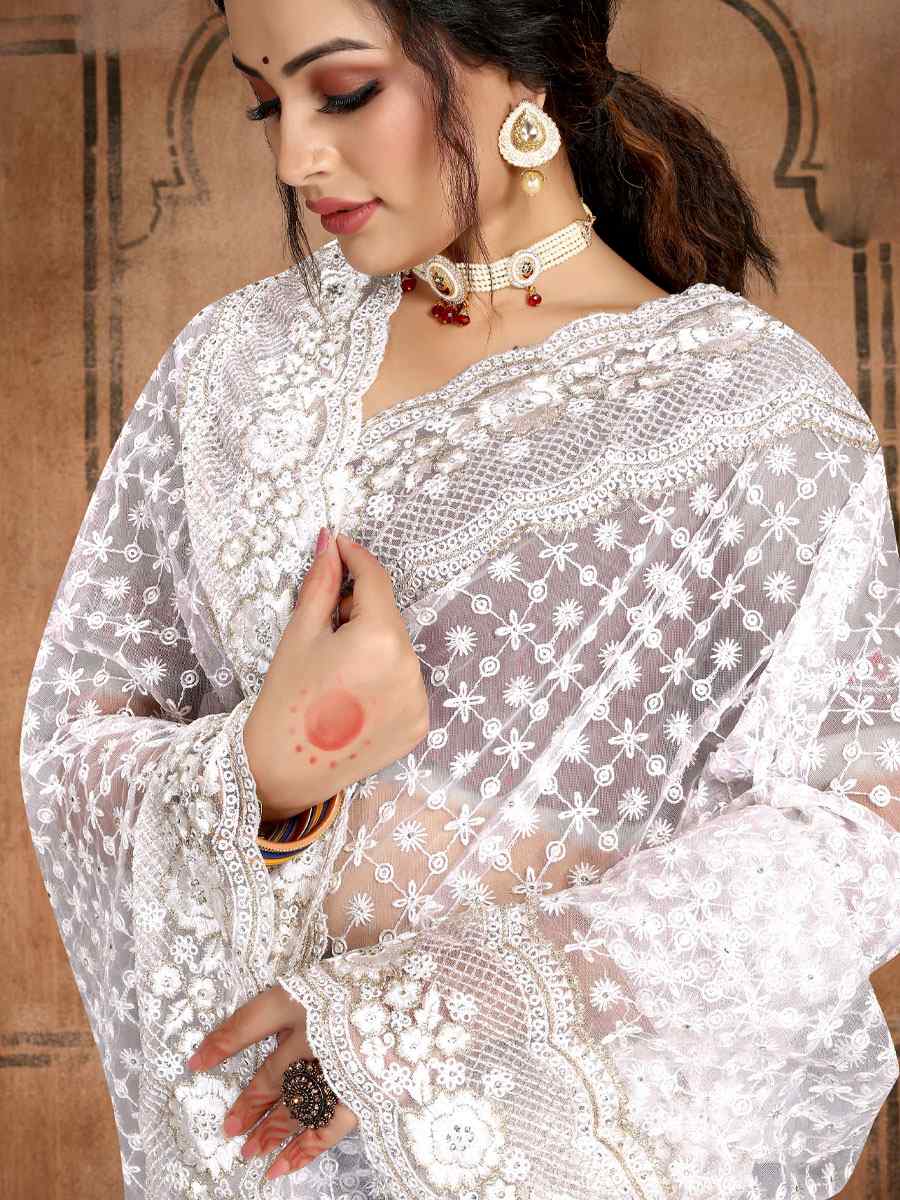 White Net Embroidered Wedding Festival Heavy Border Saree