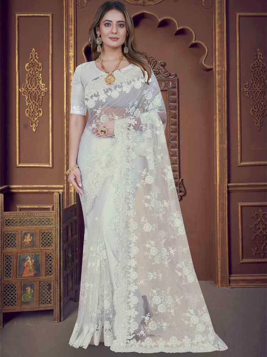 White Net Embroidered Wedding Party Heavy Border Saree