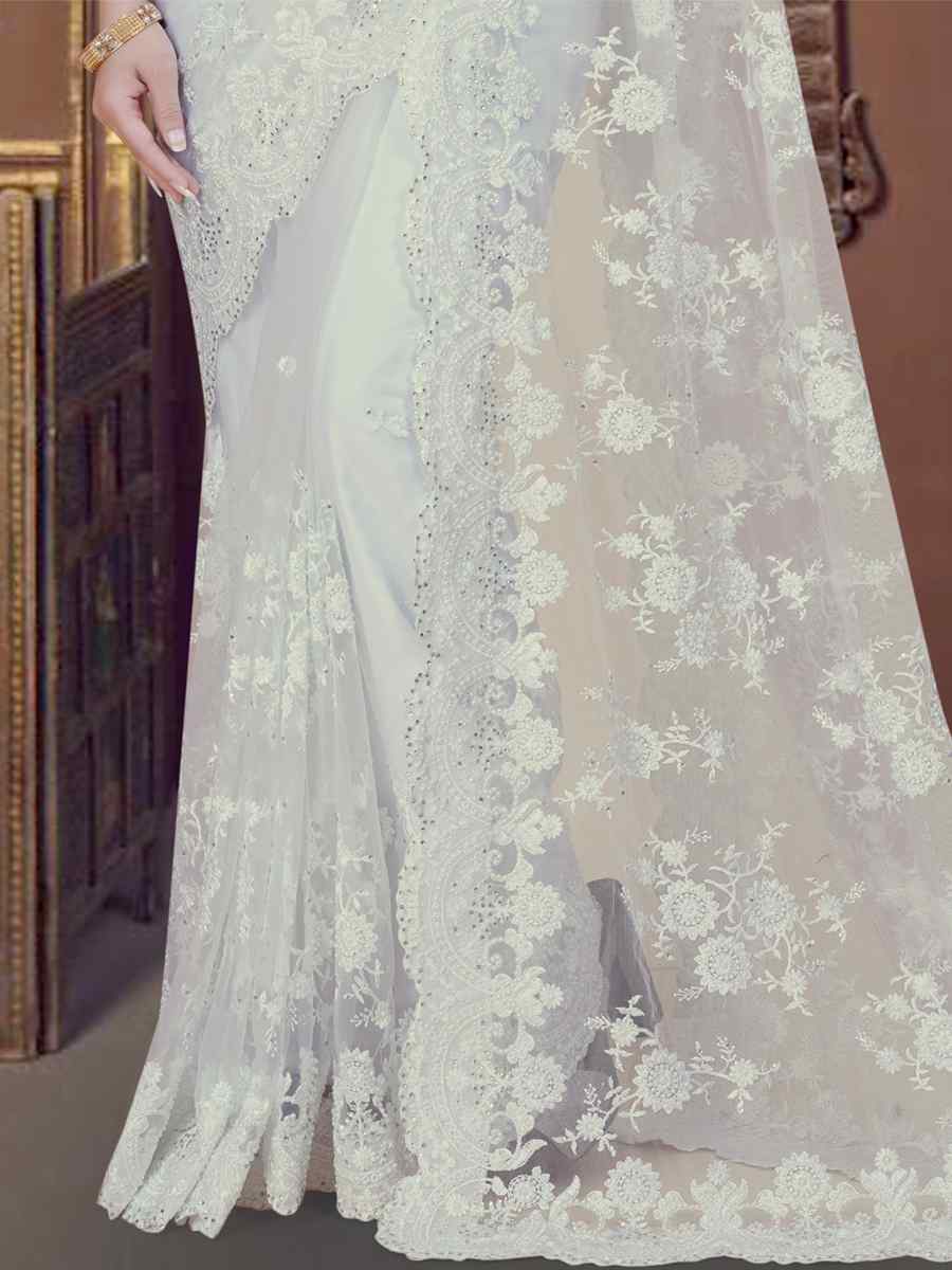White Net Embroidered Wedding Party Heavy Border Saree