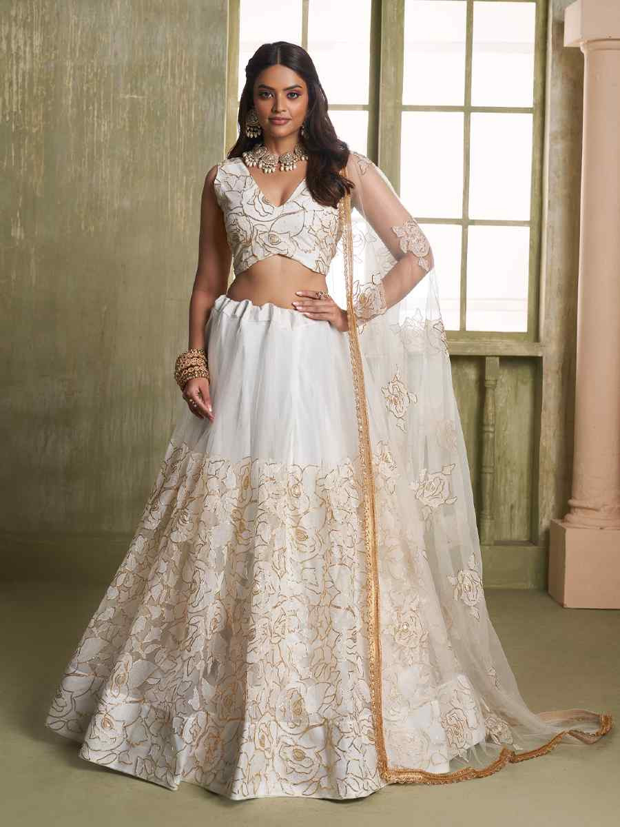 White Net Embroidered Wedding Reception Festival Heavy Border Lehenga Choli