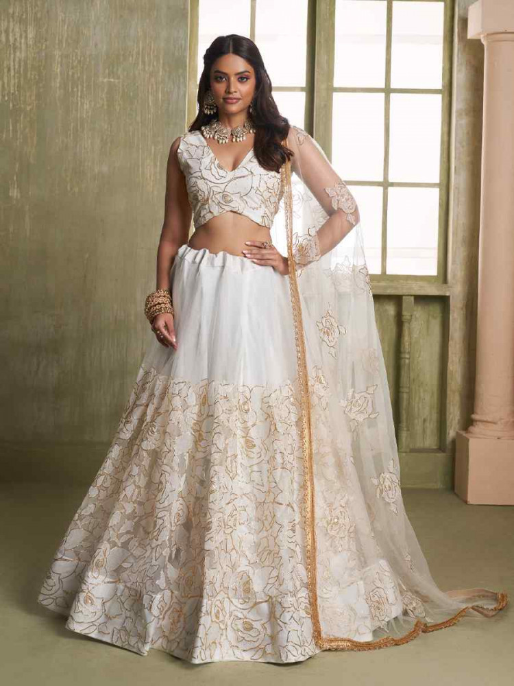 Image of White Net Embroidered Wedding Reception Festival Heavy Border Lehenga Choli