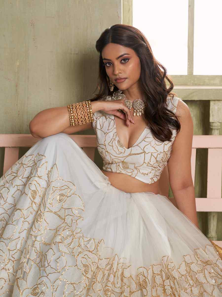 White Net Embroidered Wedding Reception Festival Heavy Border Lehenga Choli