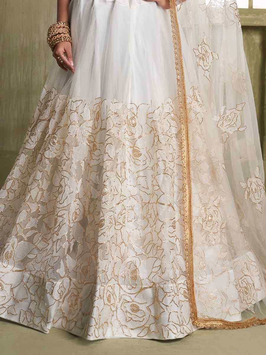 White Net Embroidered Wedding Reception Festival Heavy Border Lehenga Choli