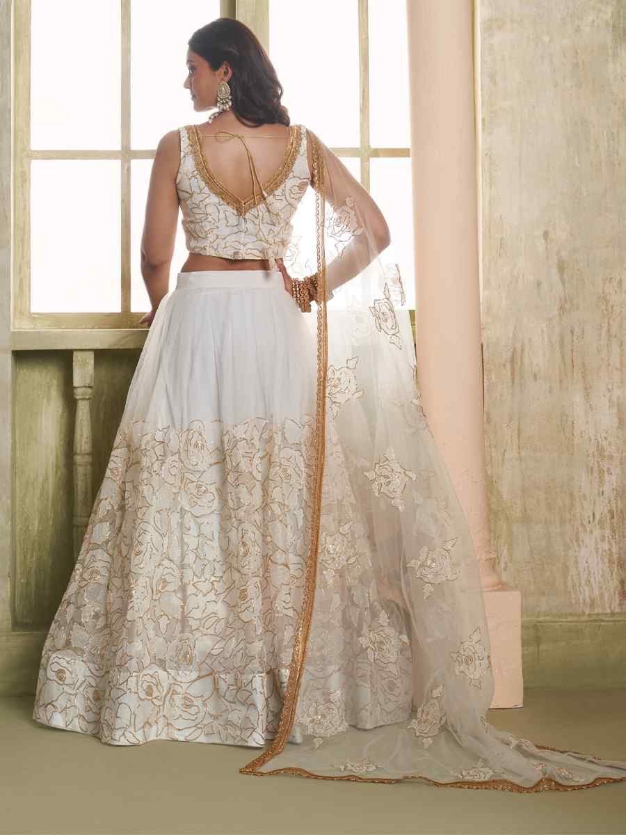 White Net Embroidered Wedding Reception Festival Heavy Border Lehenga Choli