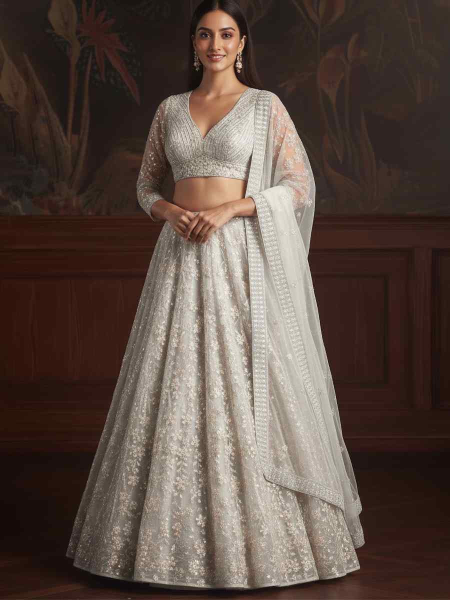 White Net Embroidered Wedding Reception Festival Heavy Border Lehenga Choli