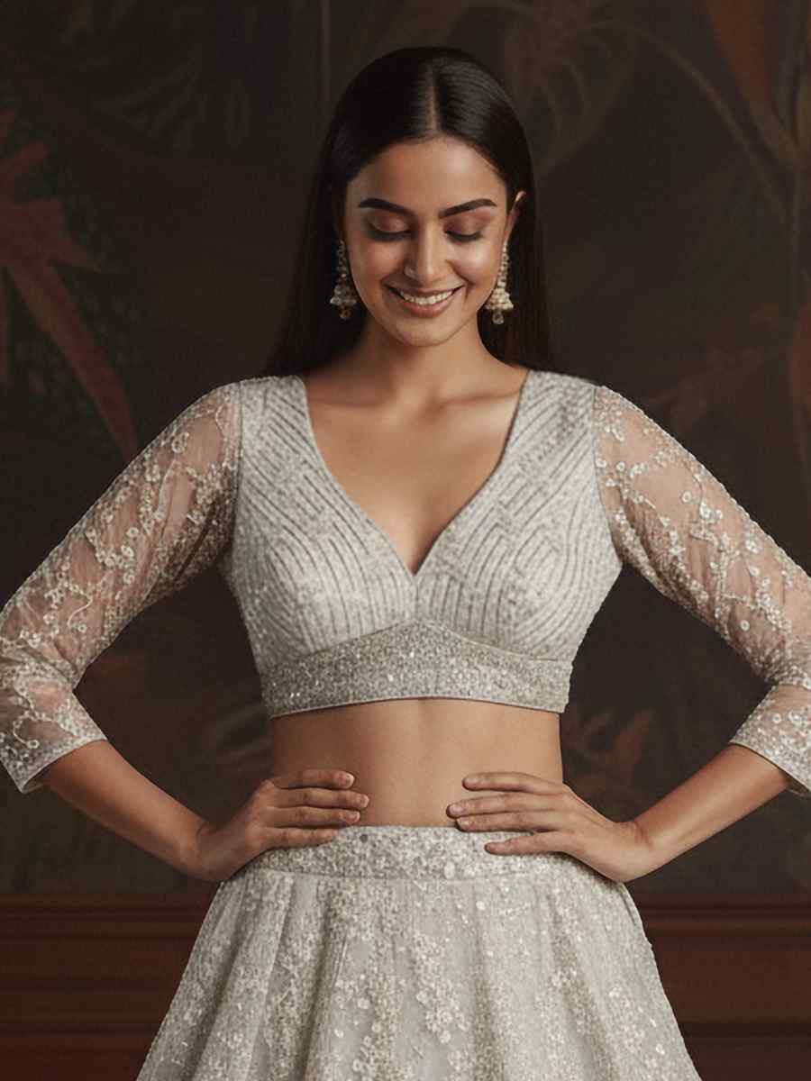 White Net Embroidered Wedding Reception Festival Heavy Border Lehenga Choli