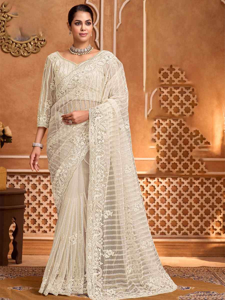 White Net Embroidery Bridal Reception Festival Wedding Fancy Heavy Border Saree