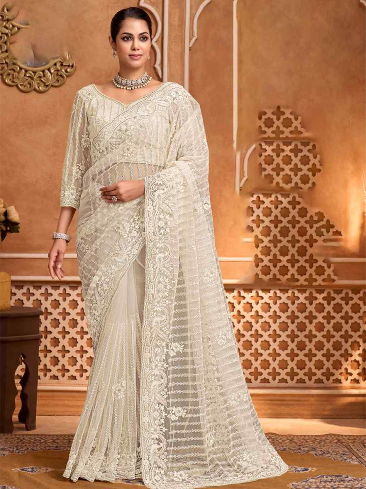Image of White Net Embroidery Bridal Reception Festival Wedding Fancy Heavy Border Saree