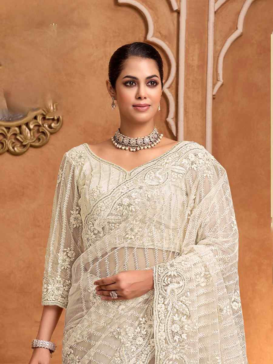 White Net Embroidery Bridal Reception Festival Wedding Fancy Heavy Border Saree