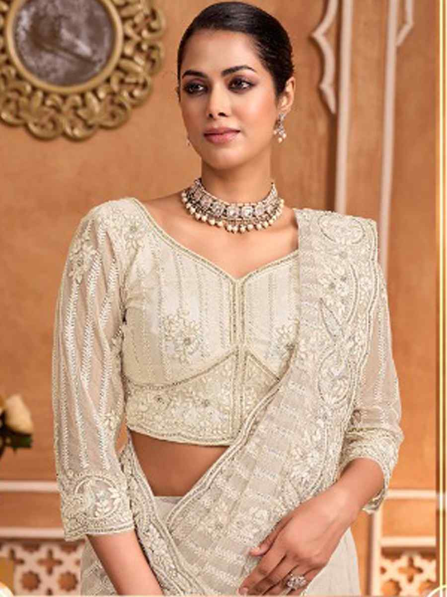 White Net Embroidery Bridal Reception Festival Wedding Fancy Heavy Border Saree