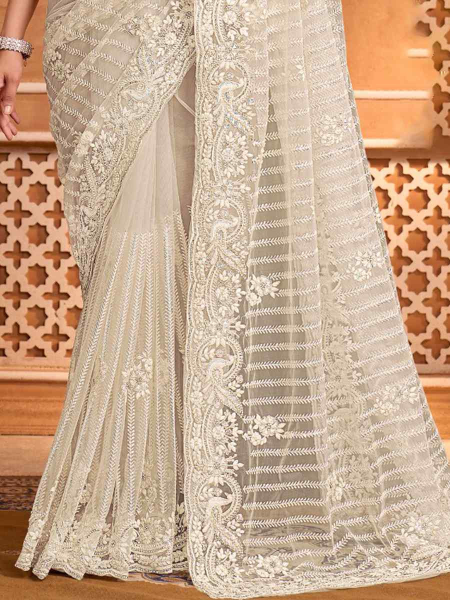White Net Embroidery Bridal Reception Festival Wedding Fancy Heavy Border Saree