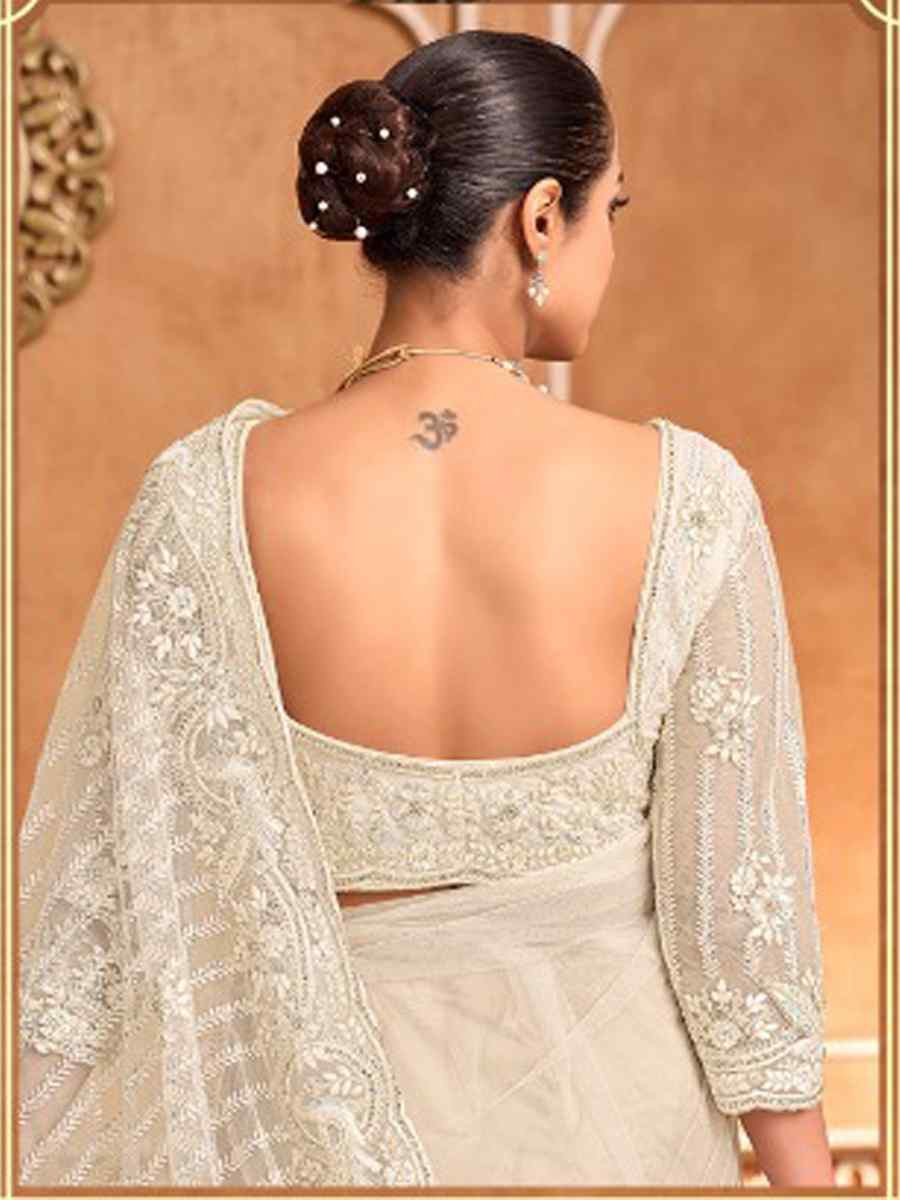 White Net Embroidery Bridal Reception Festival Wedding Fancy Heavy Border Saree