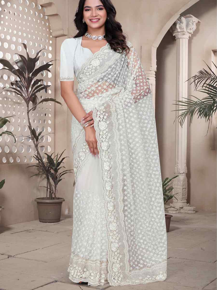 White Net Embroidery Party Bridal Reception Festival Wedding Fancy Heavy Border Saree