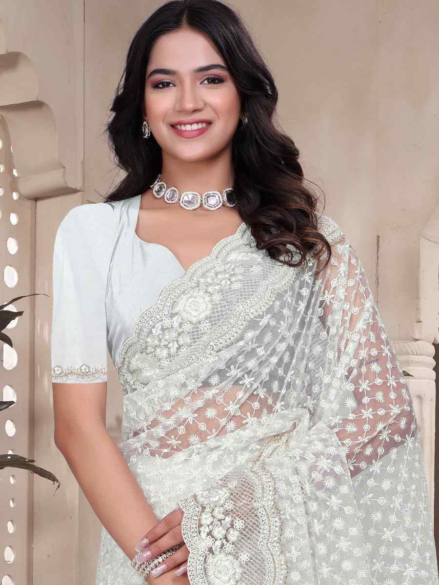 White Net Embroidery Party Bridal Reception Festival Wedding Fancy Heavy Border Saree