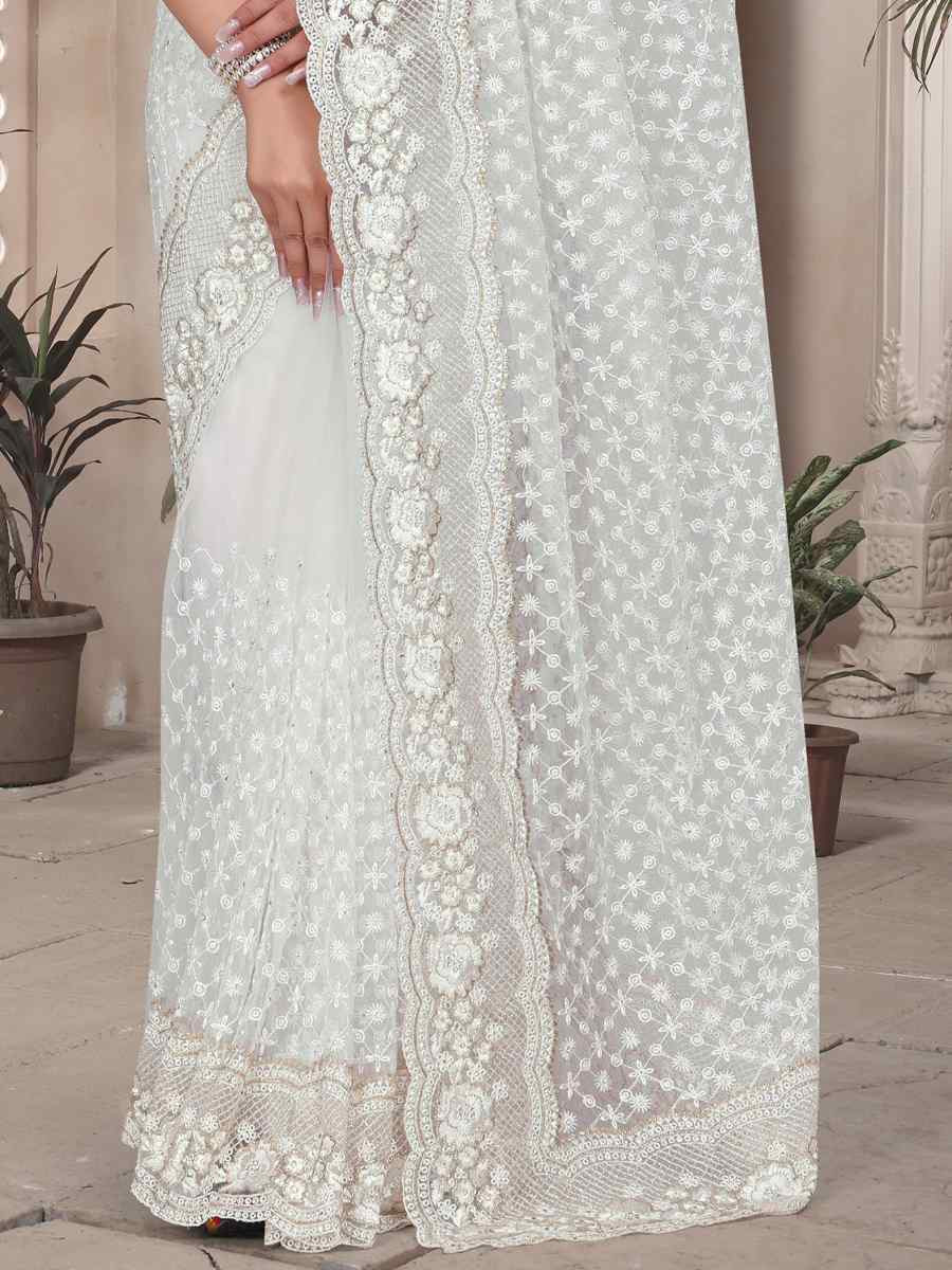 White Net Embroidery Party Bridal Reception Festival Wedding Fancy Heavy Border Saree