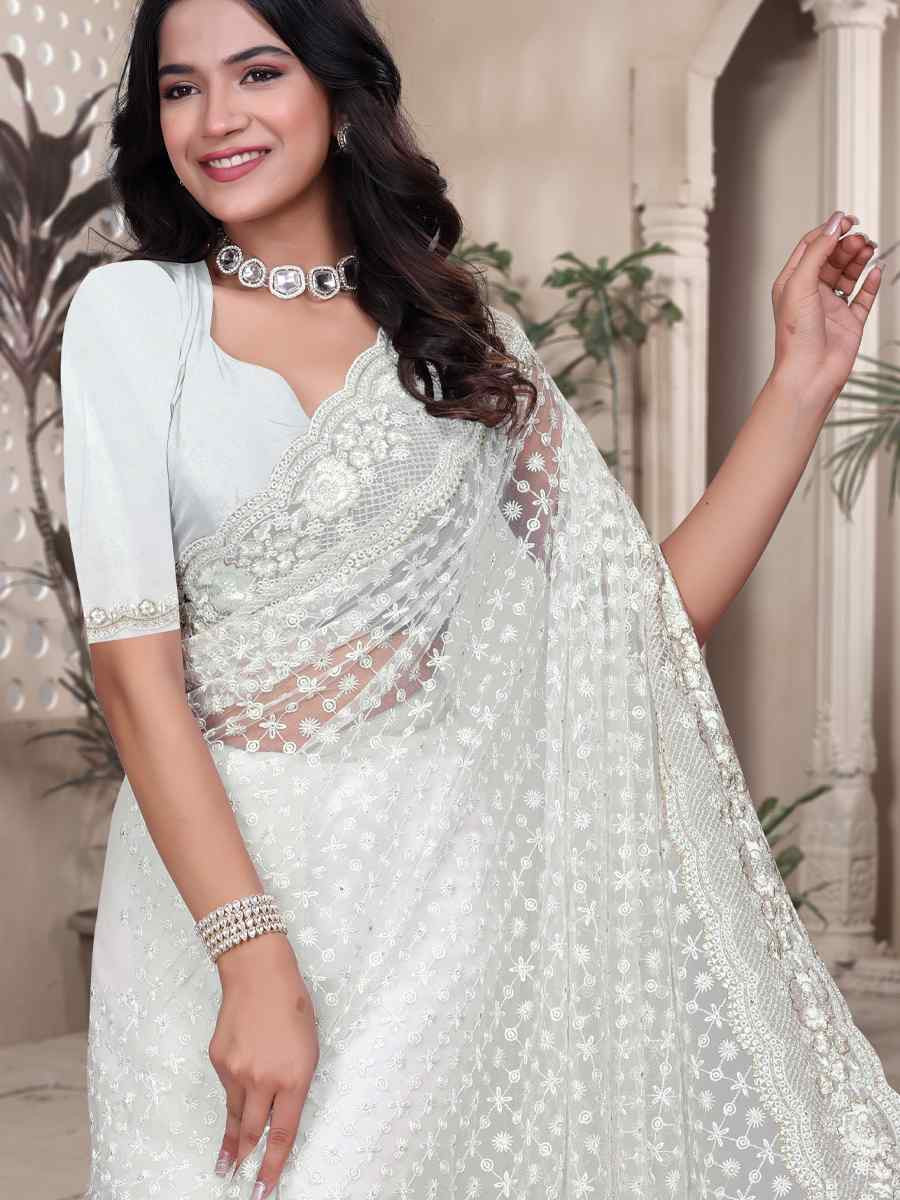 White Net Embroidery Party Bridal Reception Festival Wedding Fancy Heavy Border Saree
