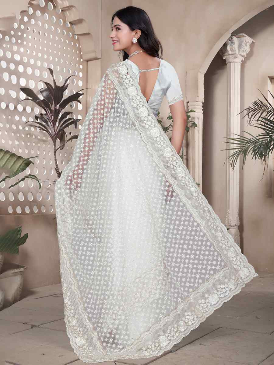 White Net Embroidery Party Bridal Reception Festival Wedding Fancy Heavy Border Saree