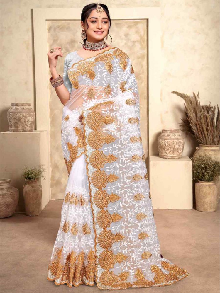 White Net Embroidery Party Wedding Heavy Border Saree