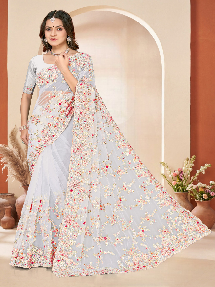 White Net Embroidery Zari Wedding Reception Party Festival Casual Heavy Border Sarees