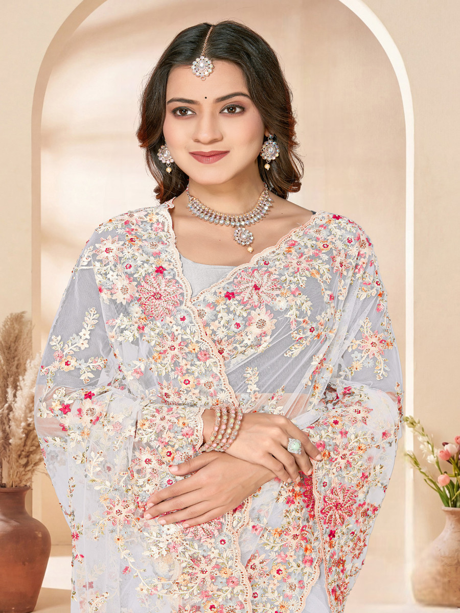 White Net Embroidery Zari Wedding Reception Party Festival Casual Heavy Border Sarees