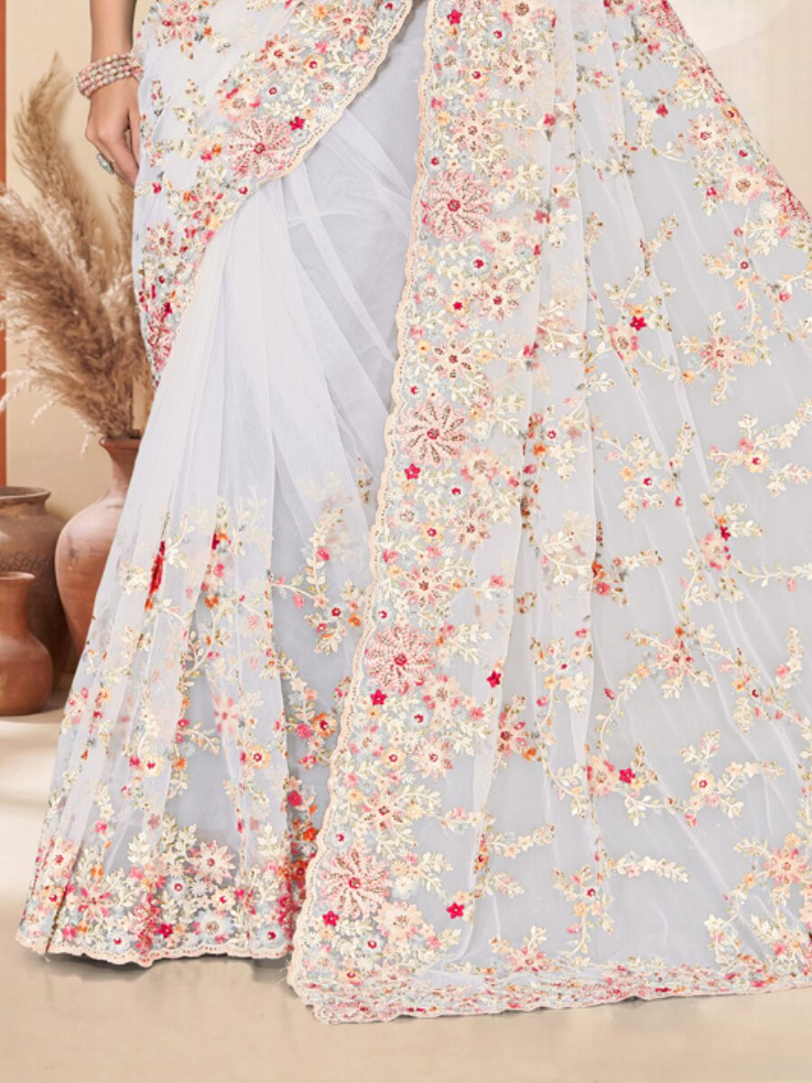 White Net Embroidery Zari Wedding Reception Party Festival Casual Heavy Border Sarees