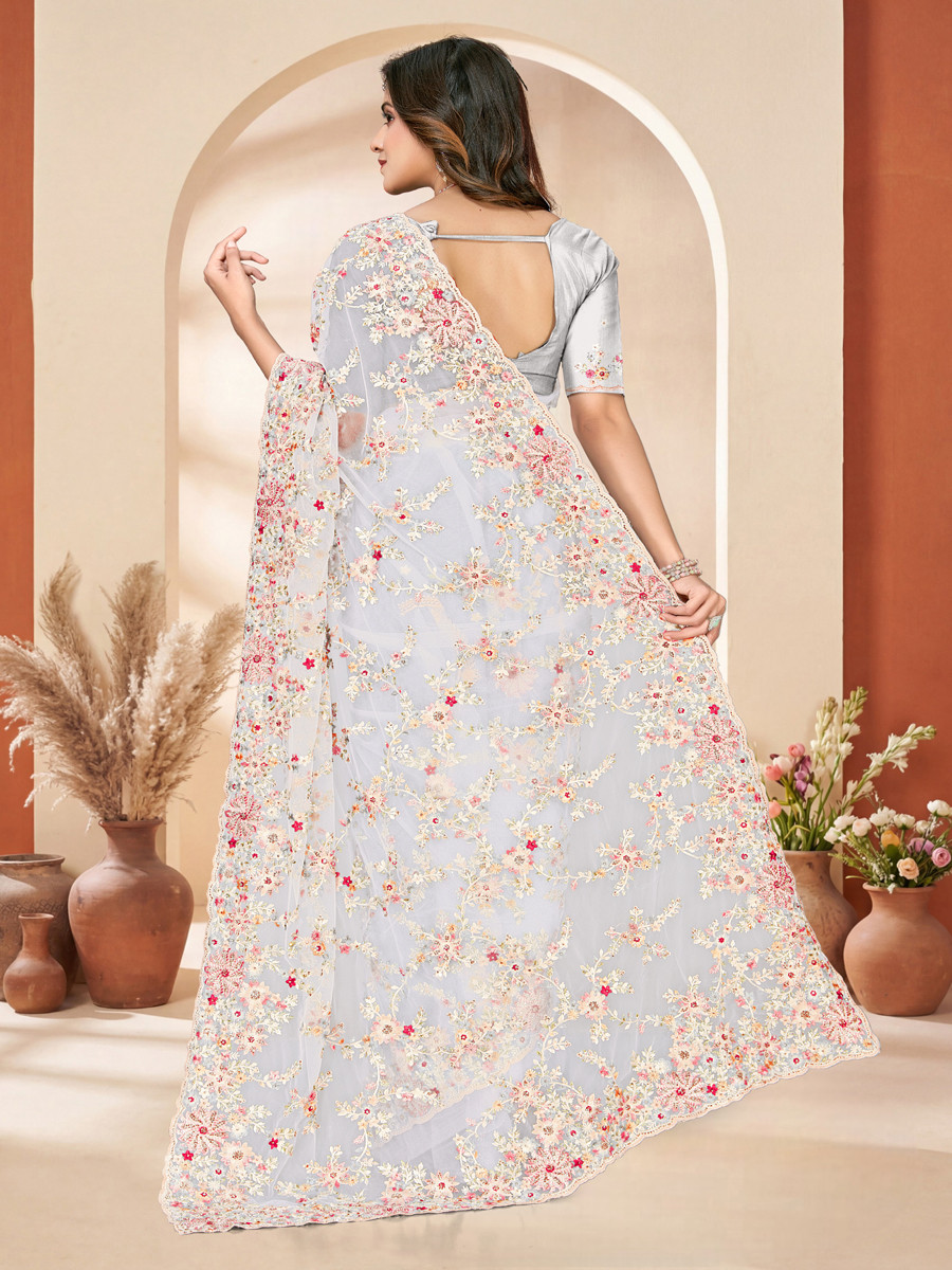 White Net Embroidery Zari Wedding Reception Party Festival Casual Heavy Border Sarees