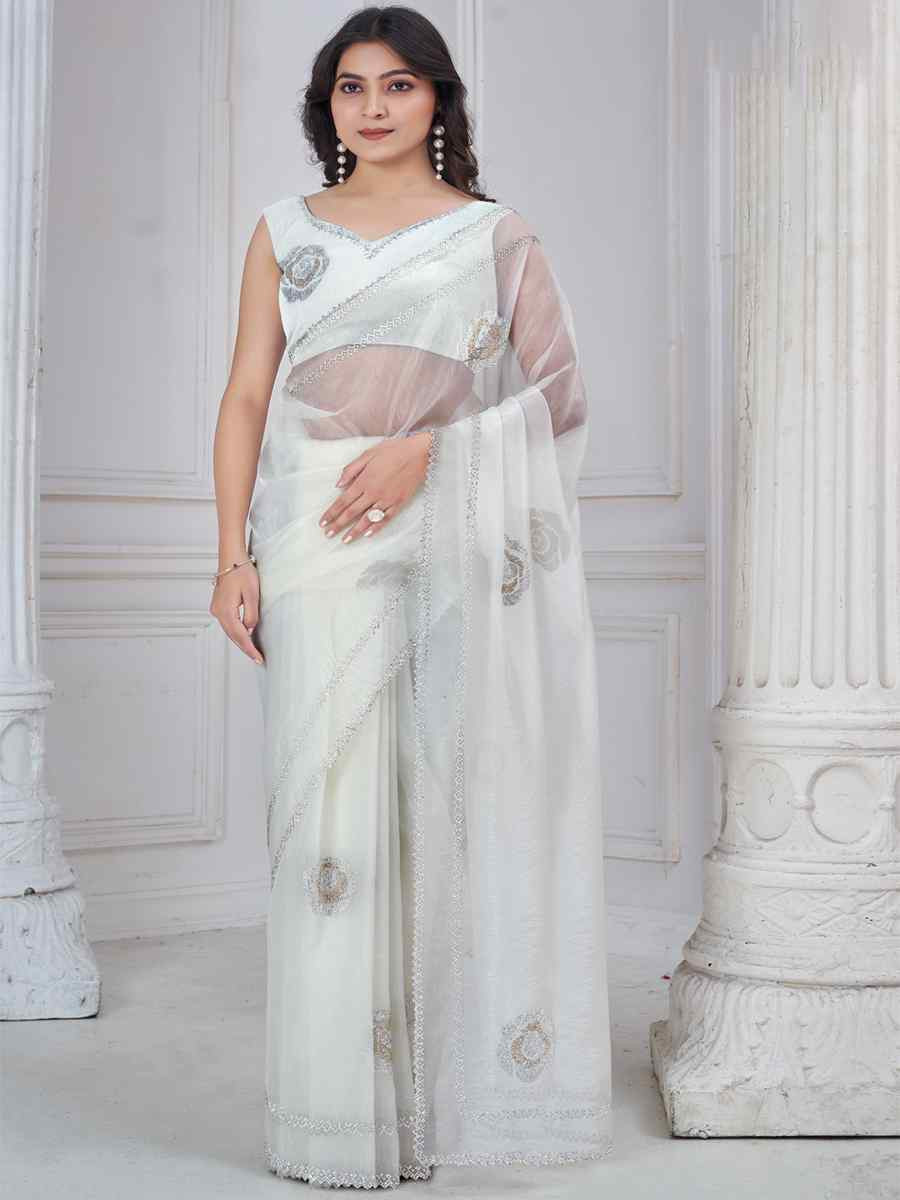 White Organza Embroidered Festival Wedding Fancy Casual Contemporary Saree