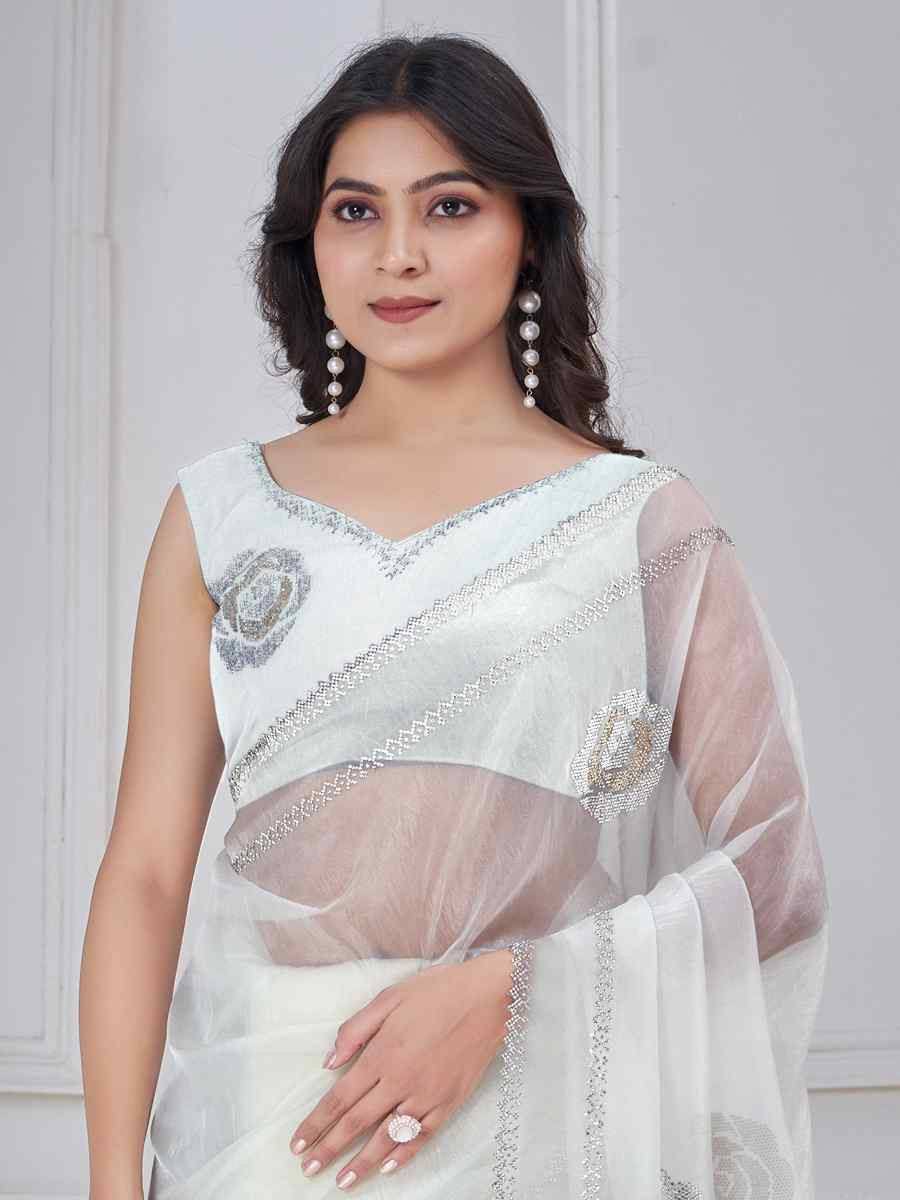 White Organza Embroidered Festival Wedding Fancy Casual Contemporary Saree